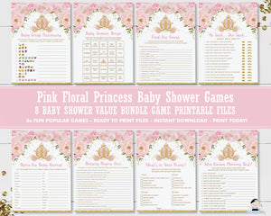 Pink Floral Princess Carriage Baby Shower Game Bundle, Find Guest, Bingo, Emoji, Nursery Rhyme He She Said Printable, INSTANT DOWNLOAD PU2