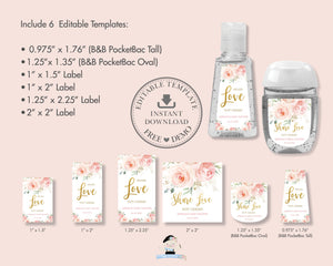 Chic Blush Pink Floral Gold Foliage Bridal Baby Shower Wedding Hand Sanitizer Labels Editable Templates - Digital Printable Files - Instant Download - PK5
