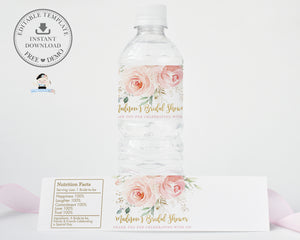 Chic Blush Pink Floral Gold Foliage Water Bottle Wrapper Label Stickers Editable Template - Digital Printable File - Instant Download - PK5