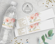 Chic Blush Pink Floral Gold Foliage Water Bottle Wrapper Label Stickers Editable Template - Digital Printable File - Instant Download - PK5