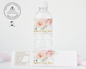 Chic Blush Pink Floral Gold Foliage Water Bottle Wrapper Label Stickers Editable Template - Digital Printable File - Instant Download - PK5