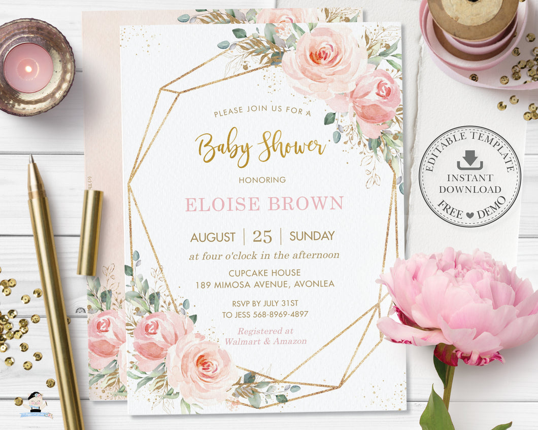 Modern Blush Floral Gold Geometric Baby Shower Invitation Editable Template - Digital Printable File - Instant Download - PK5