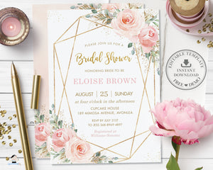 Modern Blush Floral Gold Geometric Bridal Shower Invitation Editable Template - Digital Printable File - Instant Download - PK5