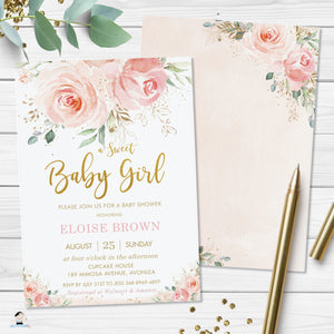 Blush Pink Floral Gold Sweet Baby Girl Shower Invitation Editable Template - Digital Printable File - Instant Download - PK5