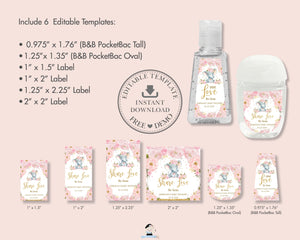 Chic Blush Pink Floral Elephant Hand Sanitizer Lotion Favor Labels Stickers Editable Template - Digital Printable File - Instant Download - EP5