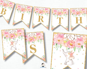 Elephant Boho Pink Floral Dream Catcher Flag Banner Bunting Editable Template - Digital Printable File - Instant Download - BF2