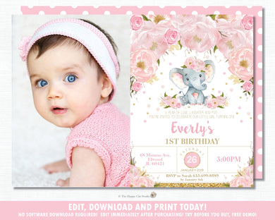 Elephant Blush Pink Floral Birthday Party Invitation with Photo - Editable Template - Instant Download Digital Printable File - EP5