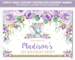 Elephant Purple Floral Baby Shower Birthday Backdrop Welcome Banner - Digital Printable File - Instant Download - EP9
