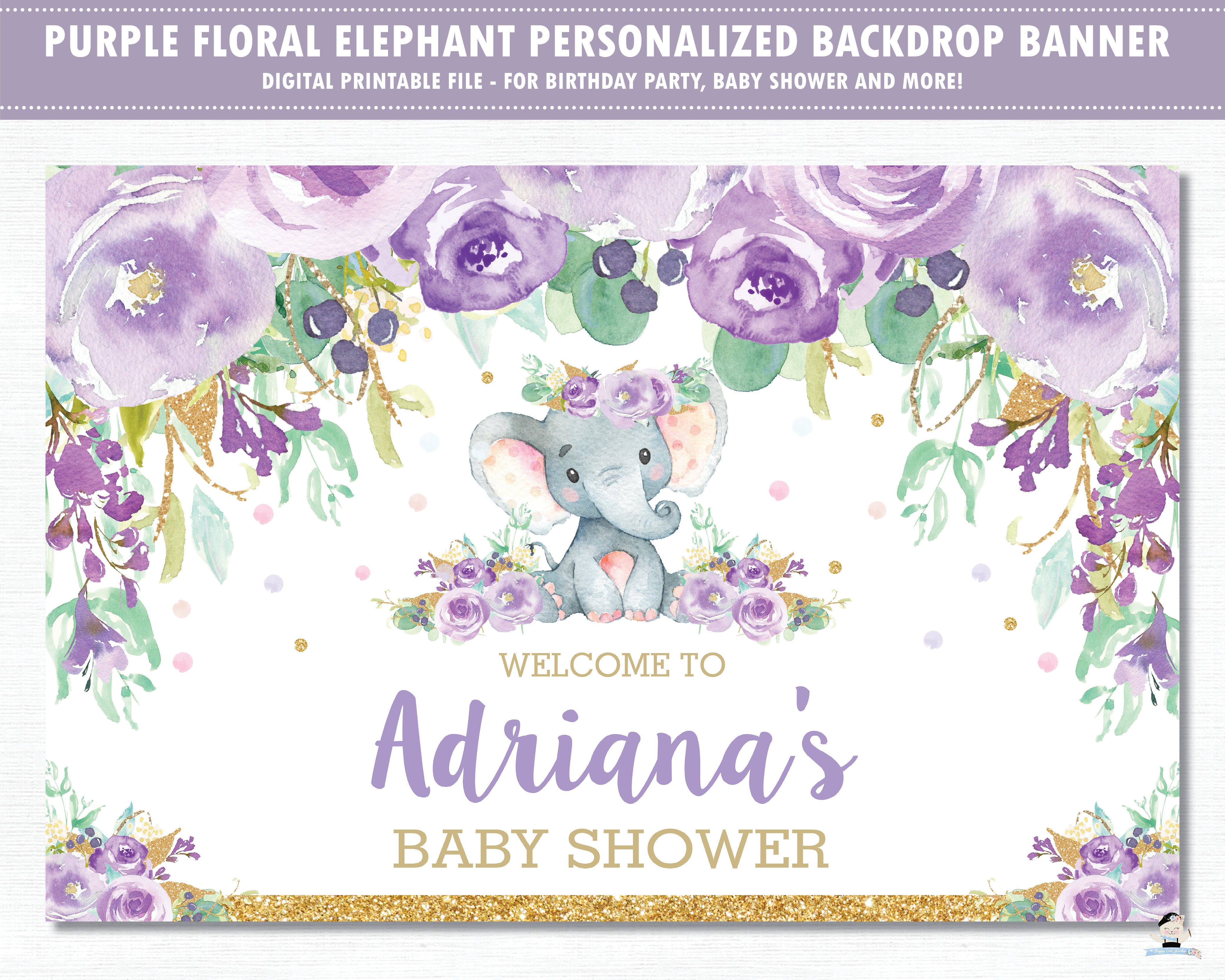 Elephant Purple Floral Baby Shower Birthday Backdrop Welcome Banner Digital Printable File Instant Download EP9