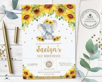 Cute Baby Elephant Sunflower Floral Birthday Invitation Editable Template - Digital Printable File - Instant Download - EP8