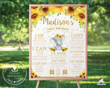 Load image into Gallery viewer, Chic Sunflower Elephant 1st Birthday Milestone Sign Birth Stats - Editable Template - Digital Printable File - Instant Download - EP8