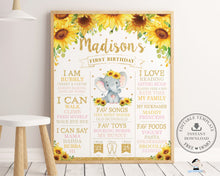 Load image into Gallery viewer, Chic Sunflower Elephant 1st Birthday Milestone Sign Birth Stats - Editable Template - Digital Printable File - Instant Download - EP8