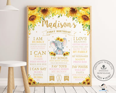 Chic Sunflower Elephant 1st Birthday Milestone Sign Birth Stats - Editable Template - Digital Printable File - Instant Download - EP8