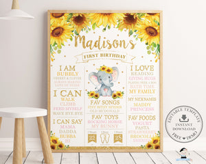 Chic Sunflower Elephant 1st Birthday Milestone Sign Birth Stats - Editable Template - Digital Printable File - Instant Download - EP8