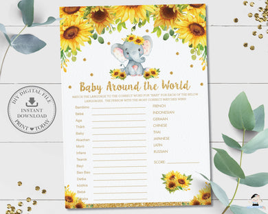 Sunflower Elephant Baby Around The World Baby Shower Fun Game Activity - Instant Download - Digital Printable File - EP8