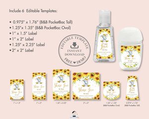 Chic Sunflower Floral Elephant Hand Sanitizer Lotion Favor Labels Stickers Editable Template - Digital Printable File - Instant Download - EP8