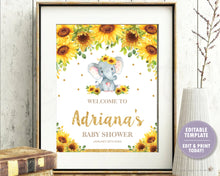 Load image into Gallery viewer, Sunflower Elephant Baby Shower / Birthday / Christening Welcome Sign - EDITABLE TEMPLATE Digital Printable File - INSTANT DOWNLOAD - EP8