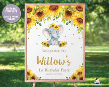 Load image into Gallery viewer, Sunflower Elephant Baby Shower / Birthday / Christening Welcome Sign - EDITABLE TEMPLATE Digital Printable File - INSTANT DOWNLOAD - EP8