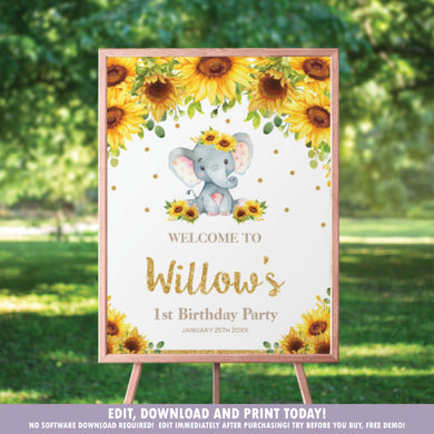Sunflower Elephant Baby Shower / Birthday / Christening Welcome Sign - EDITABLE TEMPLATE Digital Printable File - INSTANT DOWNLOAD - EP8