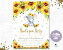 Load image into Gallery viewer, Sunflower Elephant Baby Shower Invitation Bundle Set - Thank You, Diaper Raffle, Bring a Book Insert - EDITABLE TEMPLATE Digital Printable File - INSTANT DOWNLOAD - EP8