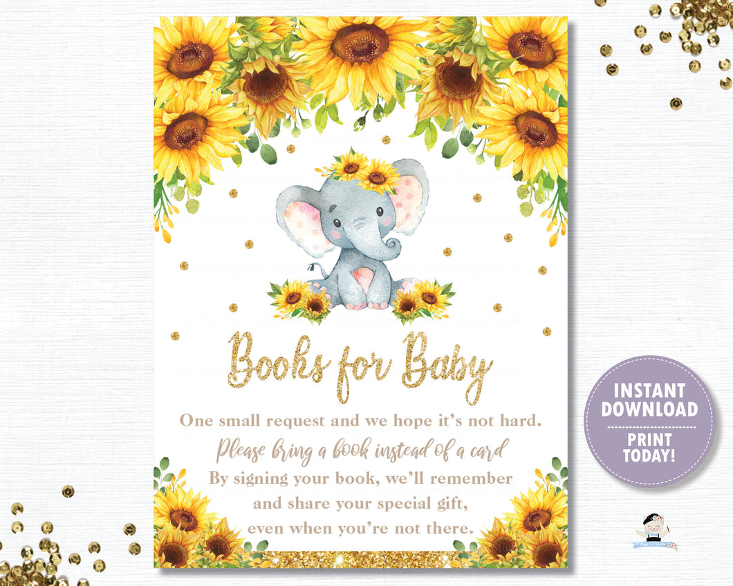 Sunflower Elephant Bring a Book Instead of a Card - Books for Baby - Instant Download - Digital Printable File - EP8