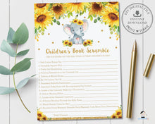 Load image into Gallery viewer, Sunflower Elephant Children&#39;s Book Scramble Baby Shower Game Quiz Activity - Instant Download - Digital Printable File - EP8