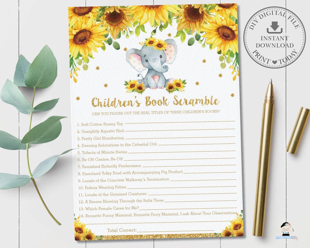 Sunflower Elephant Children's Book Scramble Baby Shower Game Quiz Activity - Instant Download - Digital Printable File - EP8