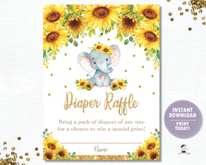 Sunflower Elephant Baby Shower Invitation Bundle Set - Thank You, Diaper Raffle, Bring a Book Insert - EDITABLE TEMPLATE Digital Printable File - INSTANT DOWNLOAD - EP8