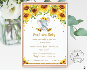 Sunflower Elephant Don't Say Baby Game Baby Shower Activity - Instant Download - Digital Printable File - EP8