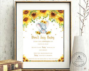 Sunflower Elephant Don't Say Baby Game Baby Shower Activity - Instant Download - Digital Printable File - EP8