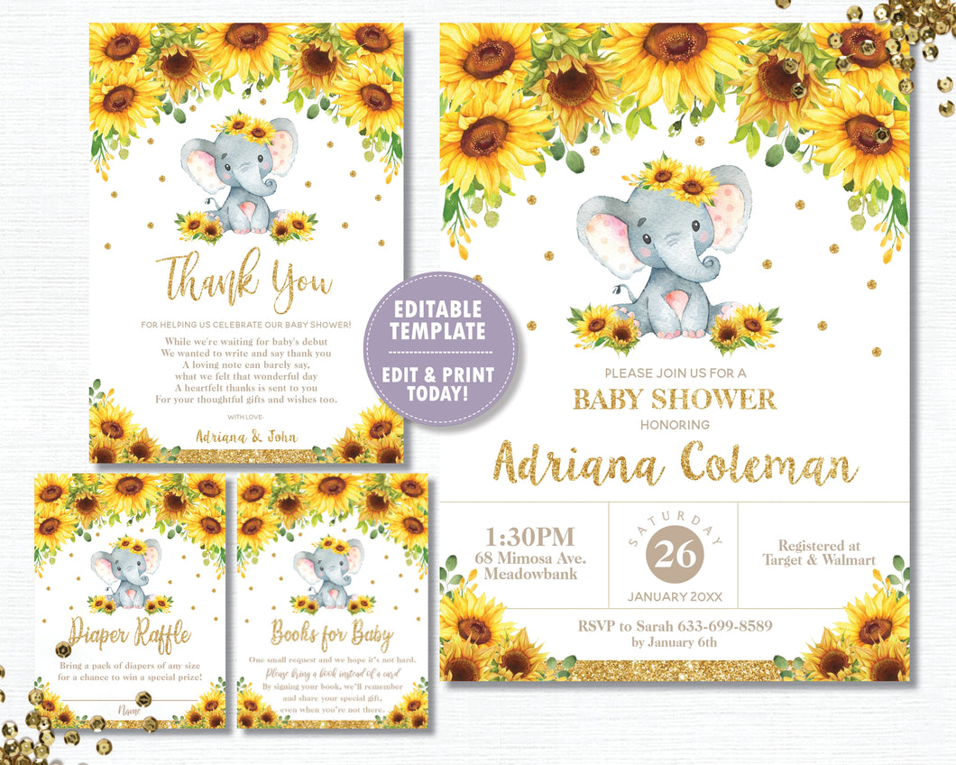 Sunflower Elephant Baby Shower Invitation Bundle Set - Thank You, Diaper Raffle, Bring a Book Insert - EDITABLE TEMPLATE Digital Printable File - INSTANT DOWNLOAD - EP8