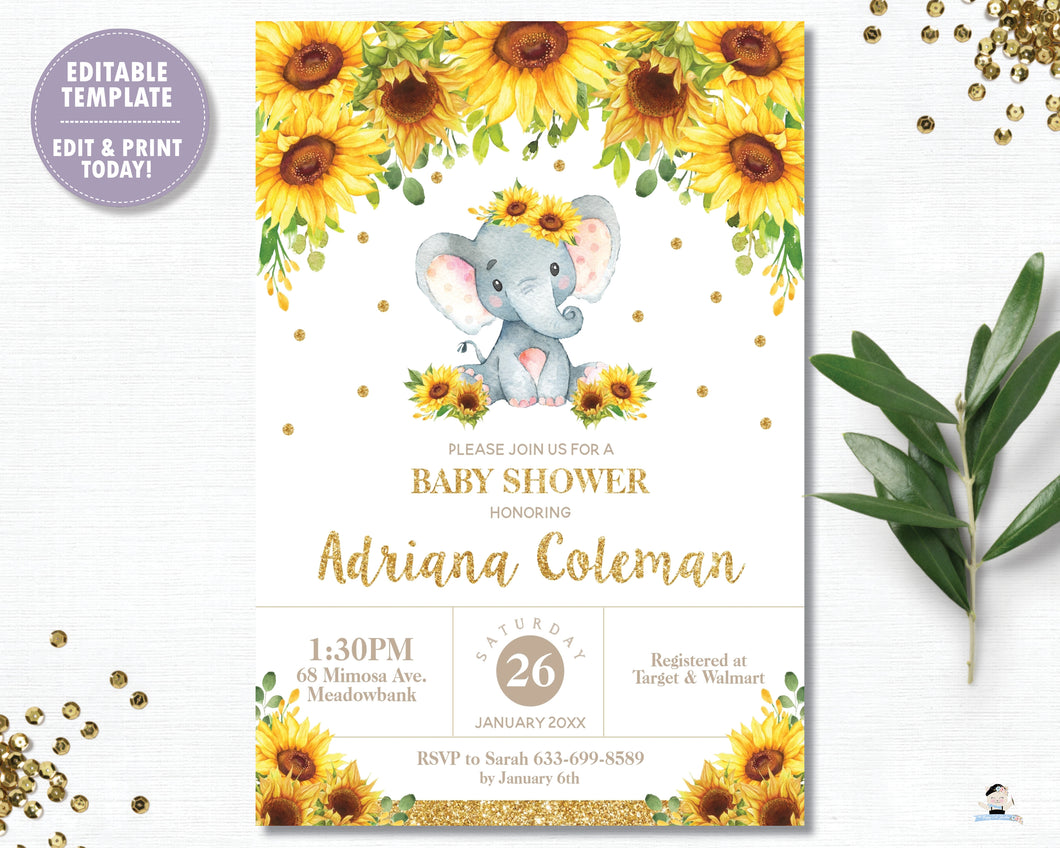 Sunflower Elephant Baby Shower Invitation - EDITABLE TEMPLATE Digital Printable File - INSTANT DOWNLOAD - EP8
