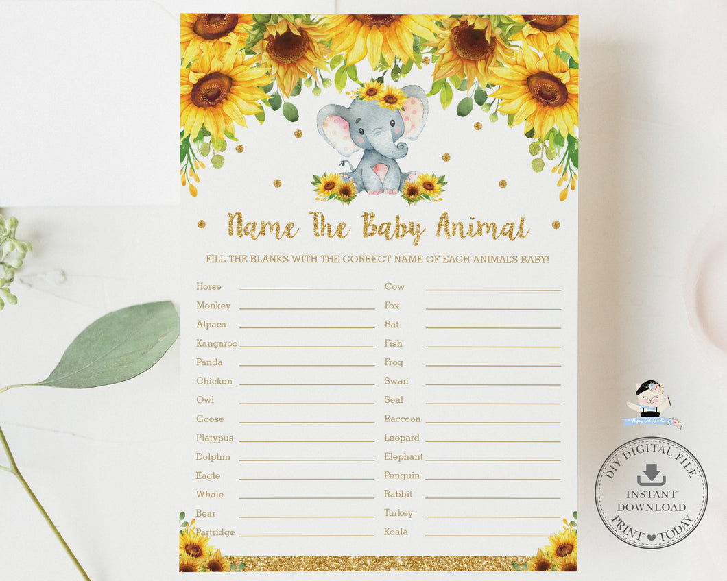 Sunflower Elephant Name The Baby Animal Baby Shower Quiz Game - Digital Printable File - Instant Download - EP8