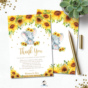 Sunflower Elephant Baby Shower Thank You Card - EDITABLE TEMPLATE Digital Printable File - INSTANT DOWNLOAD - EP8