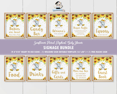 Sunflower Elephant Baby Shower Signage Bundle - Digital Printable Files - Instant Download - EP8