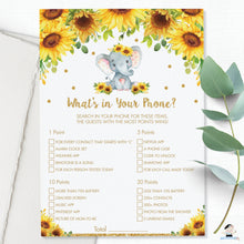 Load image into Gallery viewer, Sunflower Elephant What&#39;s In Your Phone Game Baby Shower Activity - Instant Download - Digital Printable File - EP8