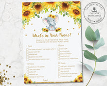 Load image into Gallery viewer, Sunflower Elephant What&#39;s In Your Phone Game Baby Shower Activity - Instant Download - Digital Printable File - EP8