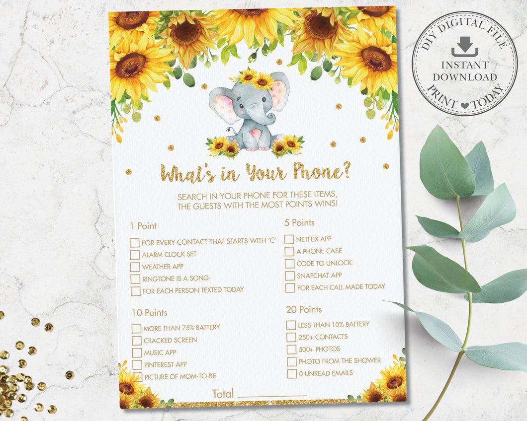 Sunflower Elephant What's In Your Phone Game Baby Shower Activity - Instant Download - Digital Printable File - EP8