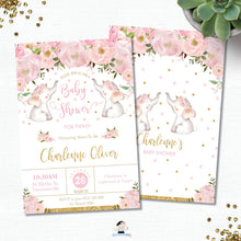 Load image into Gallery viewer, twin-baby-girls-pink-floral-elephants-baby-shower-personalized-invitation-editable-template-diy-digital-printable-file-instant-download-print-today