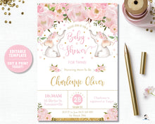 Load image into Gallery viewer, pink-blush-floral-flower-elephants-twin-girls-baby-shower-personalised-invitation-editable-template-digital-file-pdf-instant-download