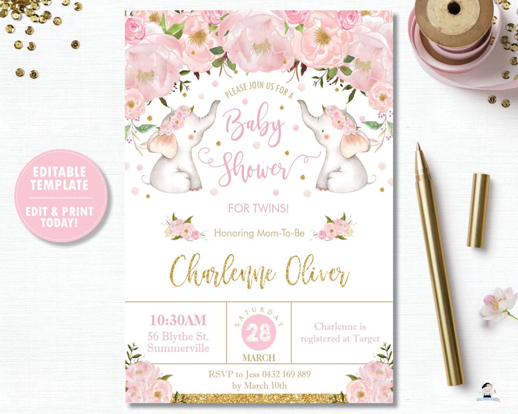 pink-blush-floral-flower-elephants-twin-girls-baby-shower-personalised-invitation-editable-template-digital-file-pdf-instant-download