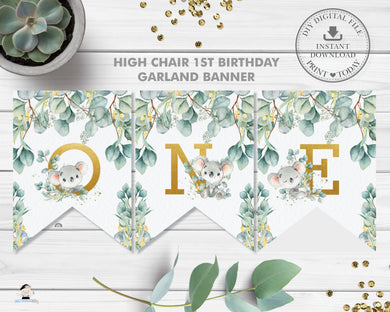 Koala Eucalyptus Greenery 1st Birthday ONE High Chair Banner Decor Digital Printable File - Instant Download - AU2