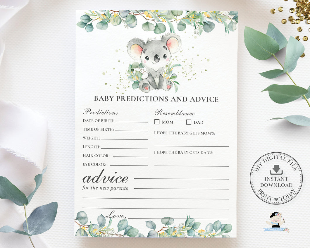Baby Predictions and Advice Card, INSTANT DOWNLOAD, Greenery Eucalyptus Cute Koala Boy Girl Baby Shower Game Activity Diy PDF Printable, AU2