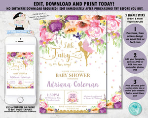 Summer Floral Fairy Baby Shower Invitation - Instant EDITABLE TEMPLATE - FF2