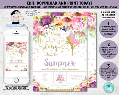 Pretty purple watercolor floral glitter gold fairy with pink wings birthday party invitation editable template