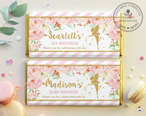 Chic Fairy Blush Pink Floral Chocolate Bar Wrapper for Aldi and Hershey's Editable Template - Digital Printable File - Instant Download - FF1