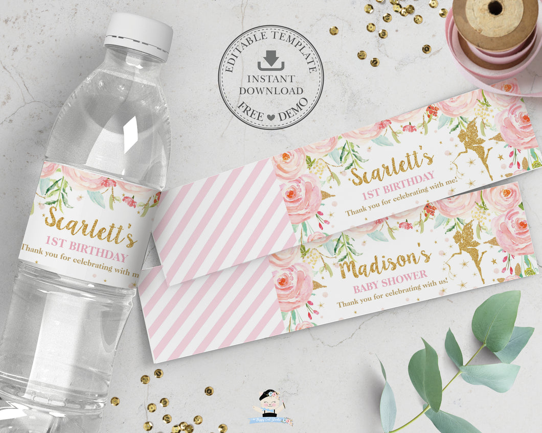 Chic Fairy Blush Pink Floral Water Bottle Wrapper Label Editable Template - Digital Printable File - Instant Download - FF1