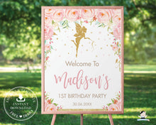 Load image into Gallery viewer, Blush Pink Floral Fairy Baby Shower Birthday Welcome Sign - Editable Template - Digital Printable File - Instant Download - FF1