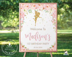 Blush Pink Floral Fairy Baby Shower Birthday Welcome Sign - Editable Template - Digital Printable File - Instant Download - FF1
