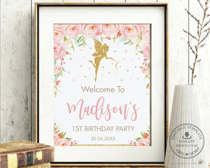 Blush Pink Floral Fairy Baby Shower Birthday Welcome Sign - Editable Template - Digital Printable File - Instant Download - FF1